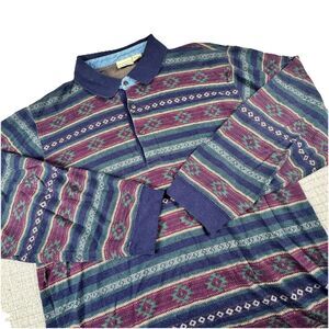Vintage LL Bean Long Sleeve Polo Men M‎ Aztec Denim Collar Y2K Rugby